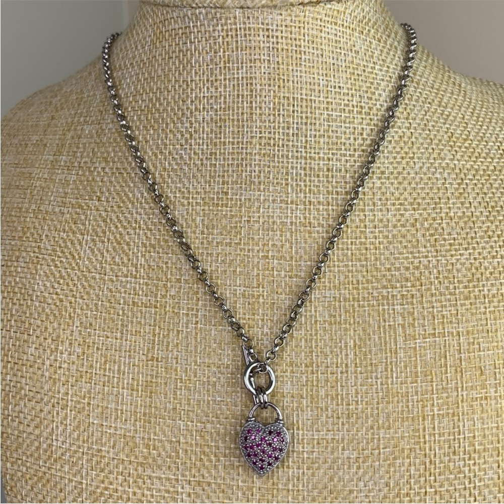 Vintage Estate Silver Plated Lab Created Ruby & Diamond Heart Pendant Necklace